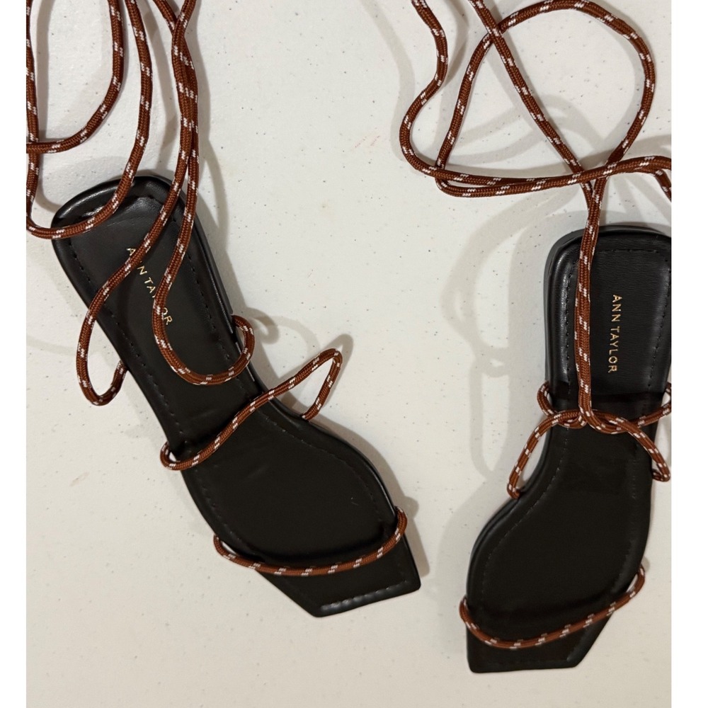 Ann Taylor Black Square Toe Lace Up Cord Gladiator Sandals Brown Size 7.5M